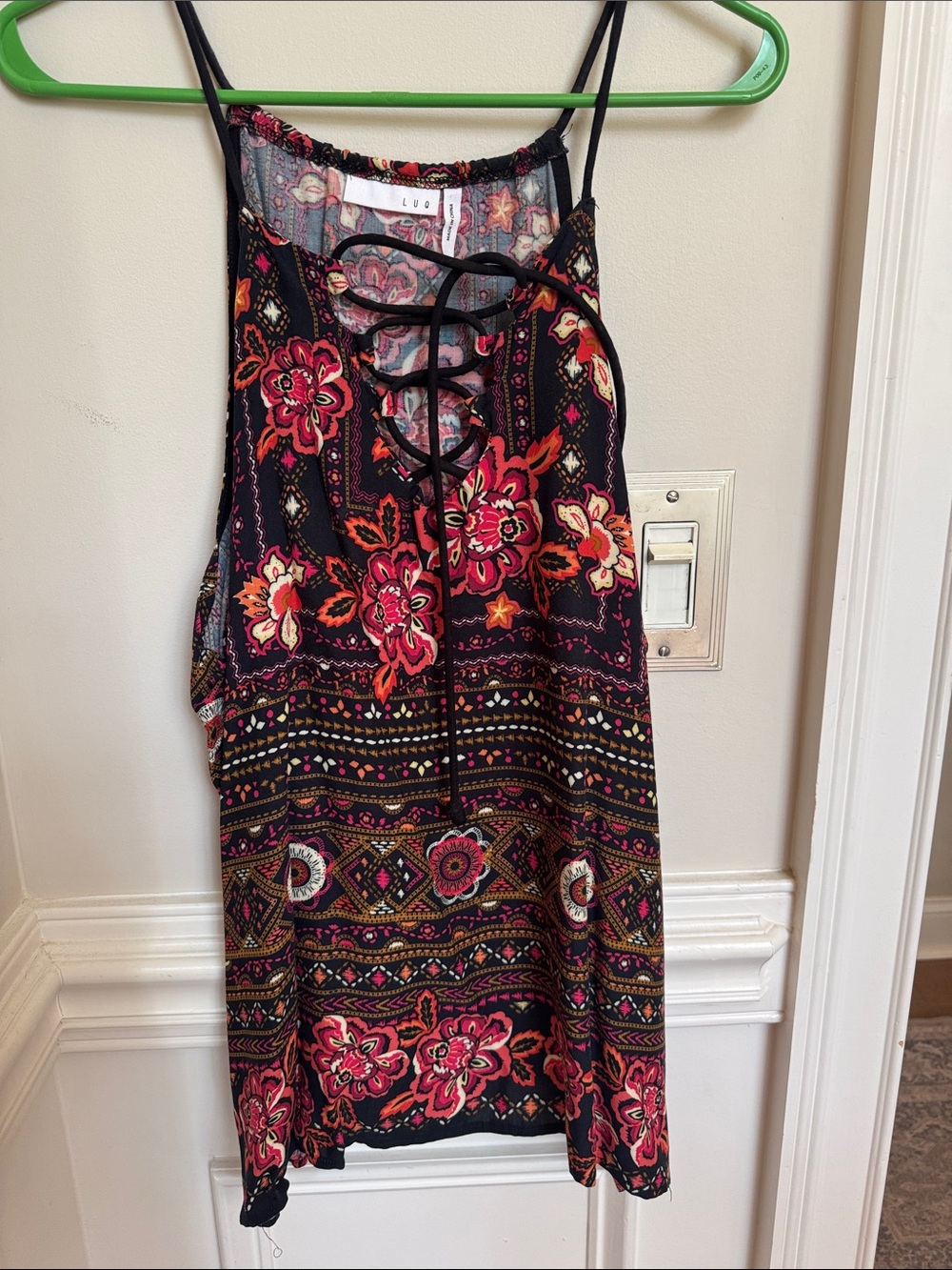 LUQ Black Floral Lace-Up Mini Dress with Pink & Orange Accents
